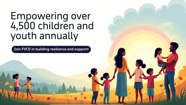 Illustration of families and children holding hands in a field with mountains and a rainbow in the background. Text reads: "Empowering over 4,500 children and youth annually. Join FVCDC in building resilience and support!"