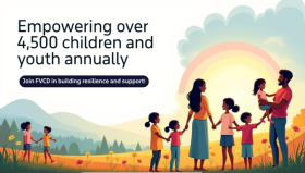 Illustration of families and children holding hands in a field with mountains and a rainbow in the background. Text reads: "Empowering over 4,500 children and youth annually. Join FVCDC in building resilience and support!"