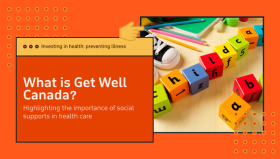 An orange graphic with text reading: "What is Get Well Canada? Highlighting the importance of social supports in health care." A yellow banner at the top says: "Investing in health: preventing illness." On the right, wooden alphabet blocks spell words alongside school supplies and sneakers.