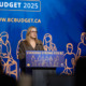 A woman with glasses and shoulder-length blonde hair stands at a podium, delivering a speech. She is wearing a dark blazer over a light-coloured blouse. The podium has a sign that reads "STANDING STRONG FOR BC" with illustrations of diverse people. Behind her, a large blue backdrop displays "BUDGET 2025" and "WWW.BCBUDGET.CA" in bold white and yellow text, along with stylized orange line drawings of people. The silhouettes of audience members are visible in the foreground.