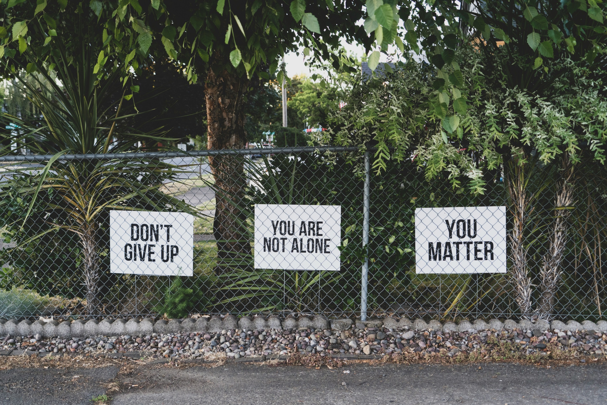 don't give up. you're not alone. you matter. signage on a metal fence -photo by dan meyers