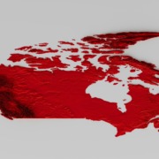 3D rendered map of Canada in red with raised terrain features on a light grey background.