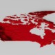3D rendered map of Canada in red with raised terrain features on a light grey background.