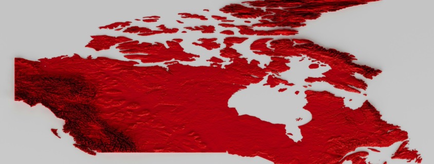 3D rendered map of Canada in red with raised terrain features on a light grey background.